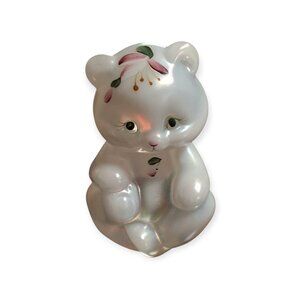 Fenton Opalescent White Glass Bear Handpainted with Sticker